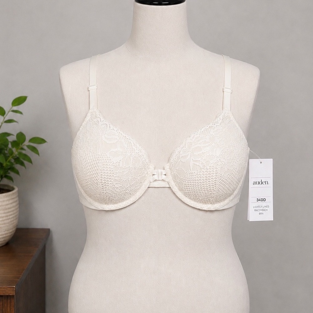Auden‎ Cream Lace Lightly Lined Racerback Front Closure Bra 34DD F00331970